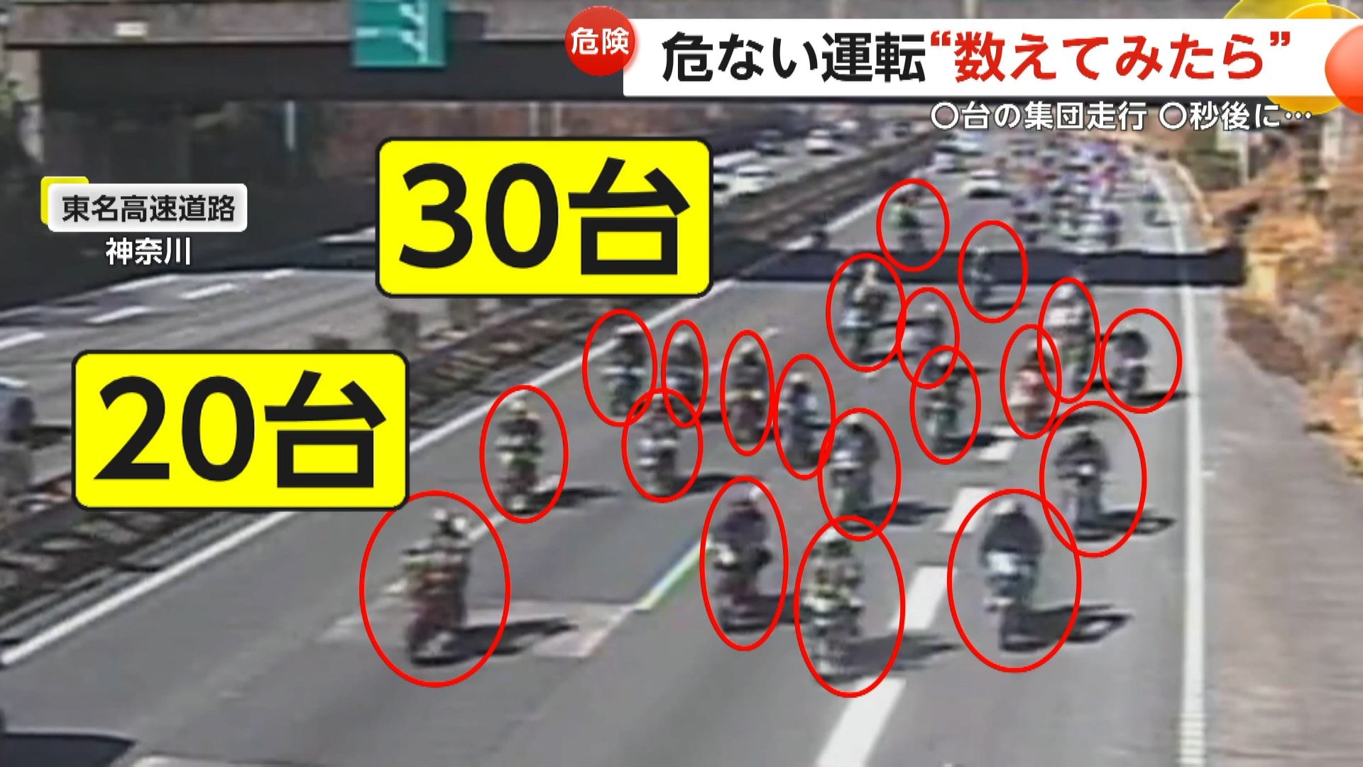 【神奈川】「ありえないです」バイク30台以上が東名高速4車線を埋め尽くす…先頭2台は蛇行運転も　茅ヶ崎ではトラックが信号無視　三重では連続逆走も